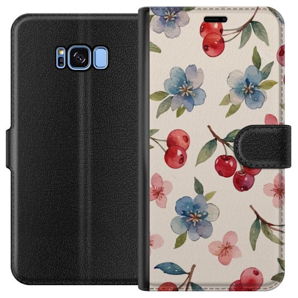 Samsung Galaxy S8 Tegnebogsetui Bær & Blomster - mønster med blå blomster og skovbær