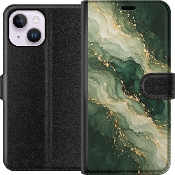 Kompatibel Tegnebogsetui til Apple iPhone 15 Plus Skovmarmor grøn