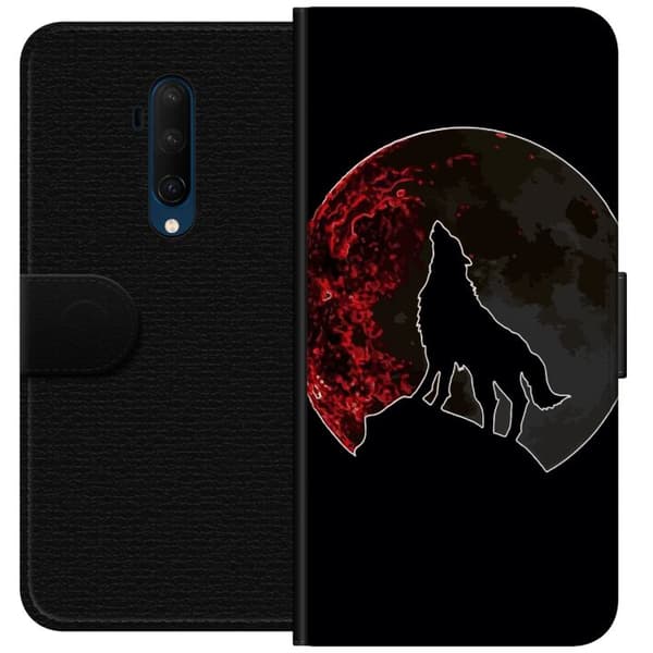 Kompatibel Tegnebogsetui til OnePlus 7T Pro Sort silhuet af en hylende ulv foran en dramatisk rød måne mod sort baggrund sort