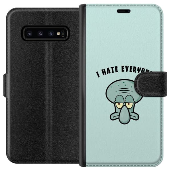Kompatibel Tegnebogsetui til Samsung Galaxy S10 Tegnet utilfreds blækspruttefigur med teksten I Hate Everyone på lyse turkis baggrund blå
