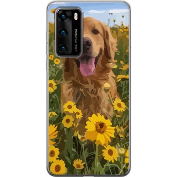 Huawei P40 Genomskinligt Skal Golden Retriever Solrosfält Hundmotiv Natur Sommar Design Populärt Hundras Familjefavorit