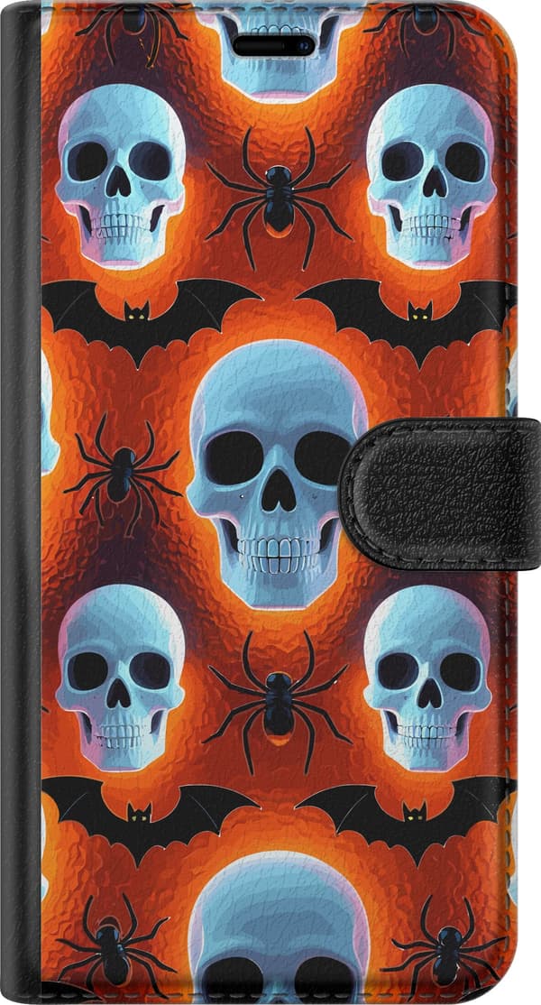 Kompatibel Tegnebogsetui til Apple iPhone 11 Pro Max Blå kranier, sorte edderkopper og flagermus på orange baggrund orange