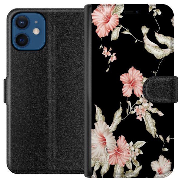 Kompatibel Tegnebogsetui til Apple iPhone 12 mini Blomstermønster Sort