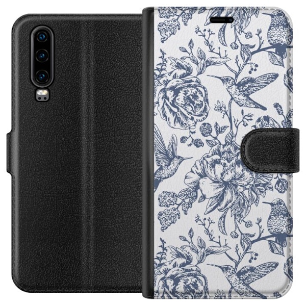 Huawei P30 Tegnebogsetui Blomster & Fugle - Romantisk Vintage-
