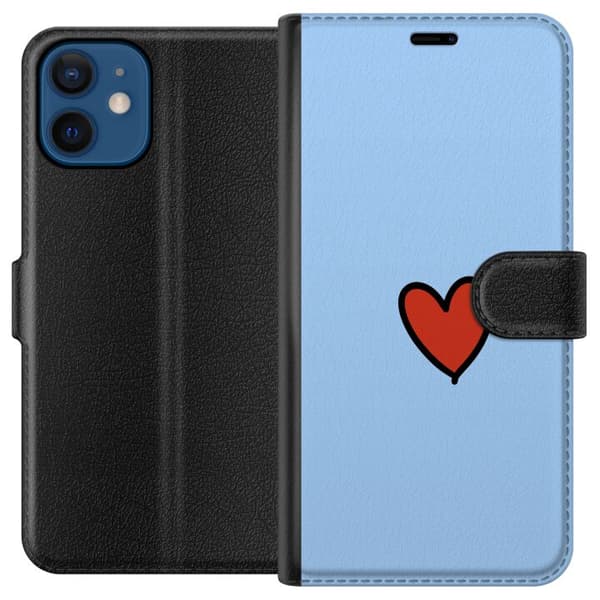 Kompatibel Tegnebogsetui til Apple iPhone 12 mini Blåt minimalistisk motiv med rødt hjerte og sort kontur blå