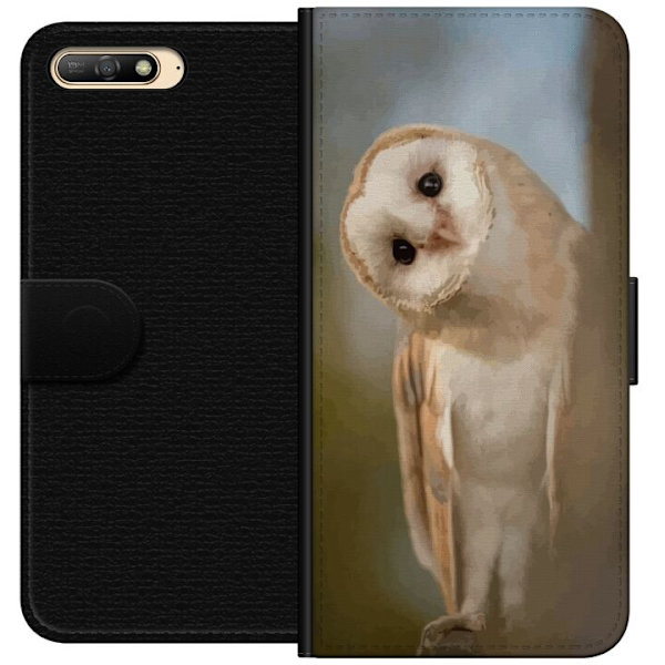 Huawei Y6 (2018) Plånboksfodral Uggla Nyfiken Blick Fågelmotiv Skog Natur Grafiskt Design Populärt Motiv Djur Tema Dekoration