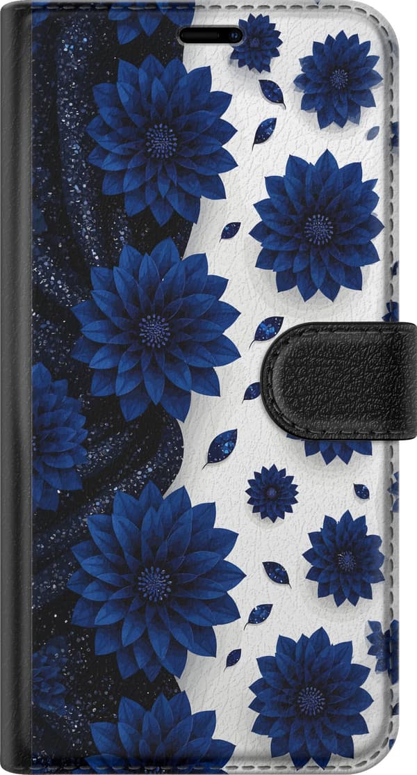 Kompatibel Tegnebogsetui til Google Pixel 9 Pro Store mørkeblå blomster og dekorative blade mod en kontrasterende hvid baggrund blå
