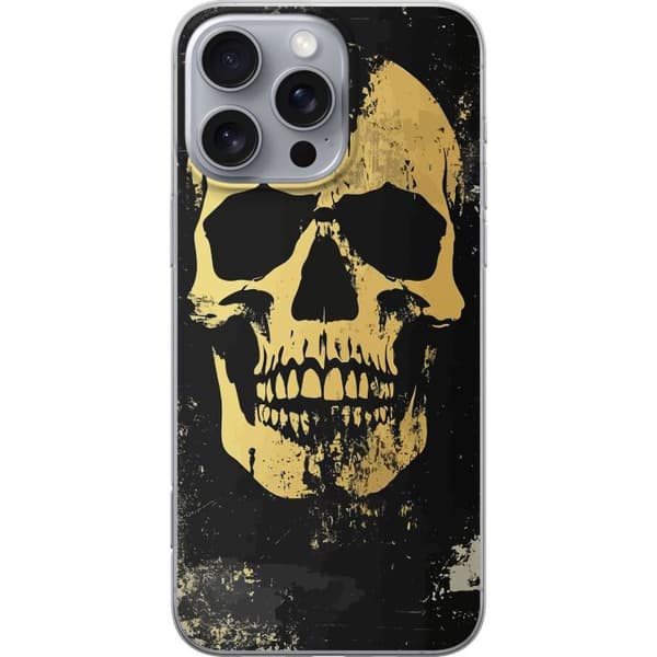 Kompatibel Mobilcover til Apple iPhone 16 Pro Max Stor gul dødningehoved i slidt grungestil mod sort baggrund sort
