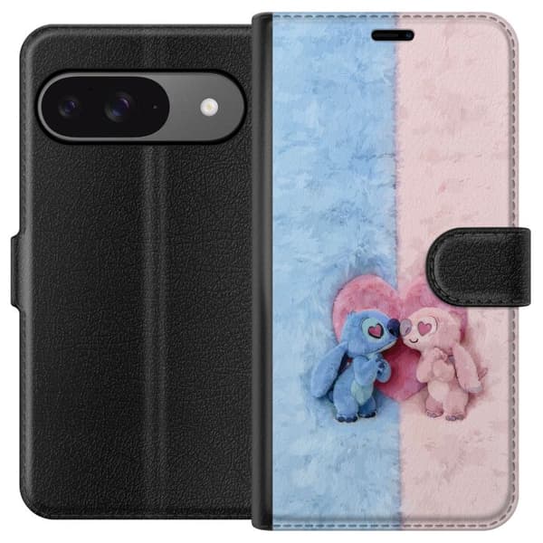 Kompatibel Tegnebogsetui til Google Pixel 9 Pro Søde blå og lyserøde figurer foran et stort lyserødt hjerte pink