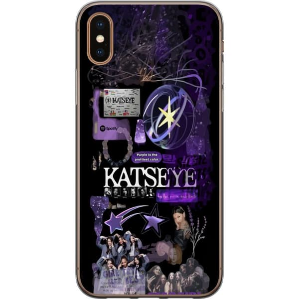 Kompatibelt Mobildeksel til Apple iPhone X KATSEYE i lilla collage med gruppebilder, stjerner, logo og glitrende nostalgiske detaljer lila