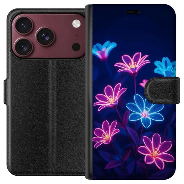 Kompatibel Tegnebogsetui til Apple iPhone 18 Pro Blåt og lyserødt motiv med lysende neonblomster mod mørk baggrund blå