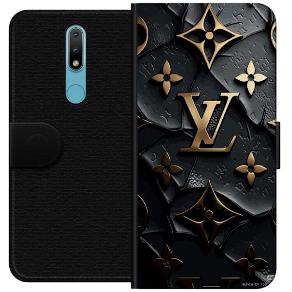 Nokia 2.4 Lompakkokotelo Louis Vuitton Tumma tila Suunnittelu Musta Ylellisyys Tyyli Muoti Suosittu Graafinen Kuvio Muotisymboli Luksusbrändi