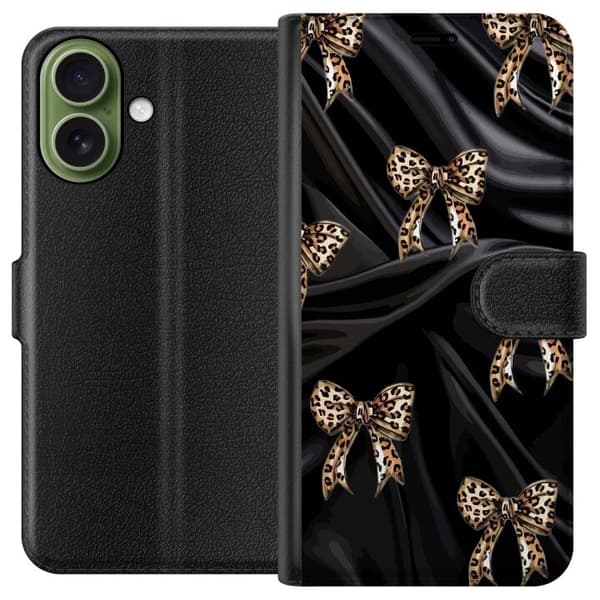 Kompatibel Tegnebogsetui til Apple iPhone 17 Mønster med leopardmønstrede rosetter på sort baggrund, elegant og trendy design med modefølelse