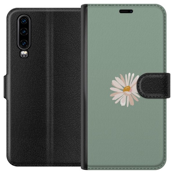 Huawei P30 Lompakkokotelo Vihreä Minimalikukka - tyylikäs kukka vihreällä taustalla