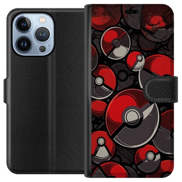 Kompatibel Tegnebogsetui til Apple iPhone 13 Pro Sømløst mønster med røde og sorte Pokébolde rød