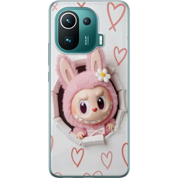 Xiaomi Mi 11 Pro Genomskinligt Skal Labubu Hjärtbakgrund Pop Mart Kärlek Tema Figur Design Populärt Motiv Samlarfigur Art Toy Serie