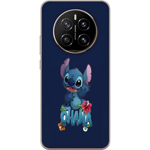 Kompatibel Mobilcover til Honor Magic7 Charmerende blå tegnet figur, der vinker over tekst og tropiske hibiscusblomster mod mørkeblå baggrund blå