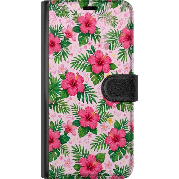 Kompatibel Tegnebogsetui til Google Pixel 6a Lyserøde hibiscusblomster med grønne tropiske blade på en lyserød baggrund pink
