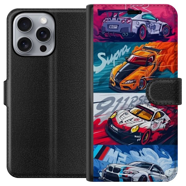 Apple iPhone 16 Pro Max Lompakkokotelo Nopeat Autot - Piirretty Kuvio Toiminnalla