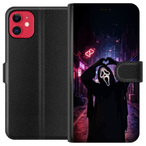 Kompatibel Tegnebogsetui til Apple iPhone 11 Sort skrækmotiv med maskeret figur, hjertehænder og neonbelyst by sort