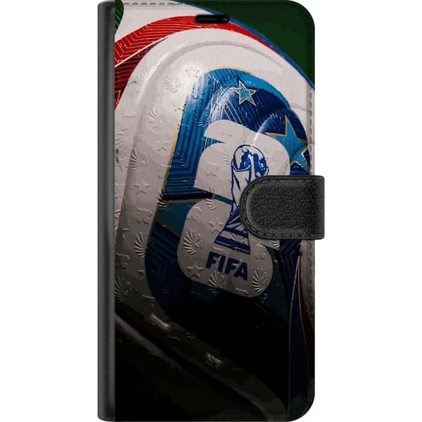 Kompatibelt Plånboksfodral till Apple iPhone 14 Plus Närbild på mästerskapsfotboll i vitt, blått och rött vit