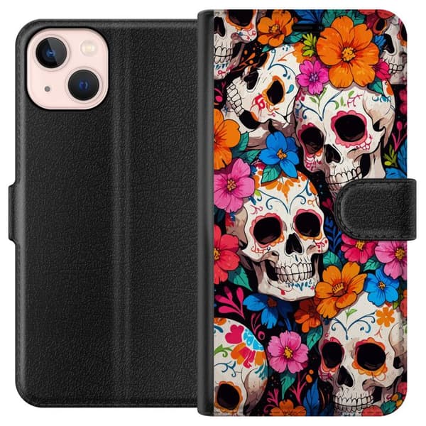 Kompatibelt Plånboksfodral till Apple iPhone 13 mini Sugar Skull Pattern med Färgglada Blommor Mexikansk Stil