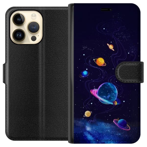 Kompatibel Tegnebogsetui til Apple iPhone 15 Pro Max Farlige planeter og stjerner i et animeret rumlandskab blå