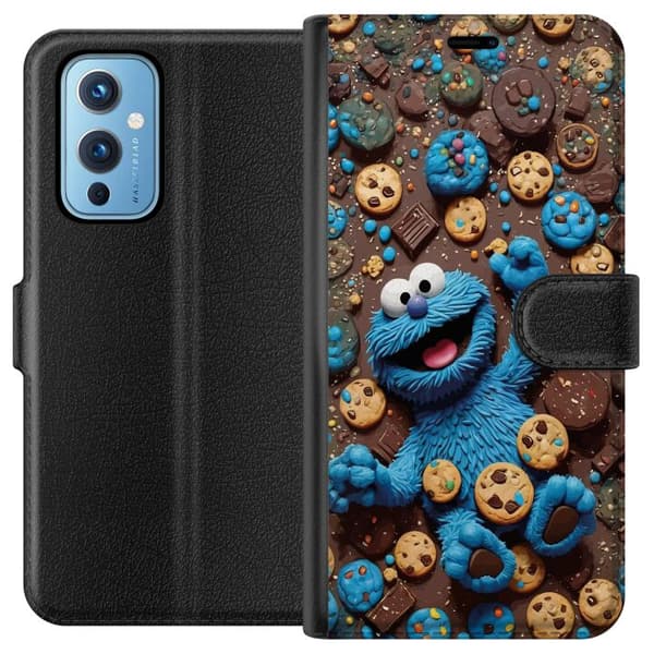 Kompatibelt Plånboksfodral till OnePlus 9 Lekfull blå tecknad figur omgiven av kakor blå