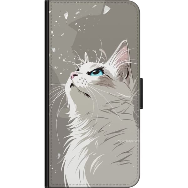Kompatibel Tegnebogsetui til Samsung Galaxy Note 4 Stilren illustration af en hvid kat med blå øjne, der kigger opad mod en grå baggrund grå