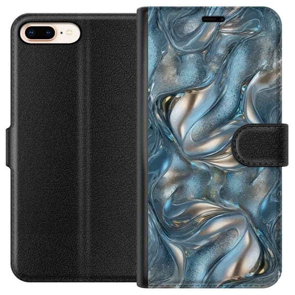 Kompatibel Tegnebogsetui til Apple iPhone 8 Plus Abstrakt flydende krom i sølv og blå metallisk effekt sølv