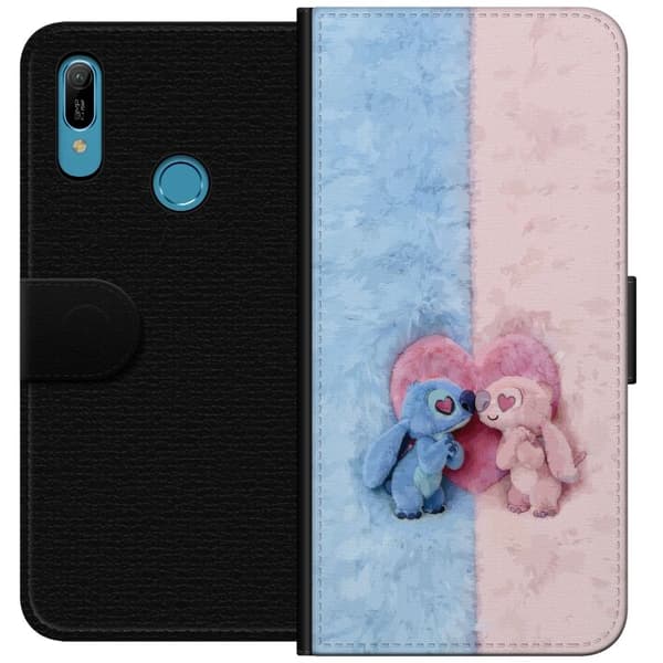 Kompatibel Tegnebogsetui til Huawei Y6 (2019) Søde blå og lyserøde figurer foran et stort lyserødt hjerte pink