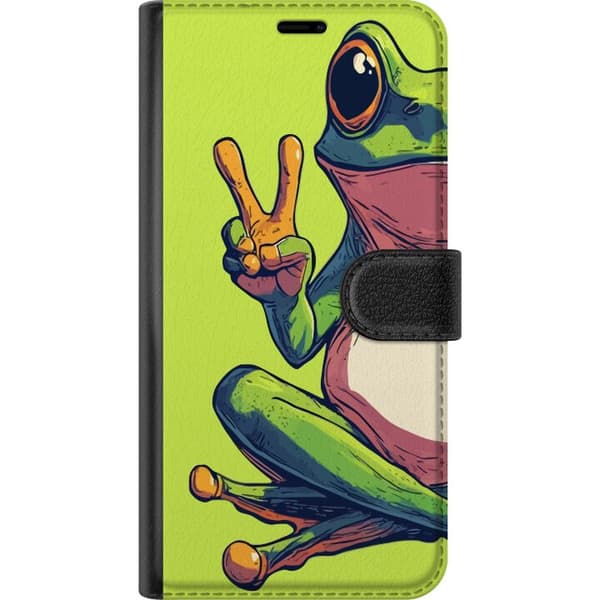 Kompatibel Tegnebogsetui til Apple iPhone 12 Pro Max Grøn tegnet frø, der viser fredstegn mod limegrøn baggrund, farverig illustration grøn
