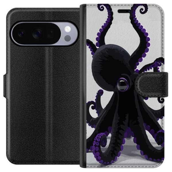 Kompatibel Tegnebogsetui til Google Pixel 11 Pro Sort blæksprutte med lilla detaljer i et elegant havtema mod en lys baggrund sort