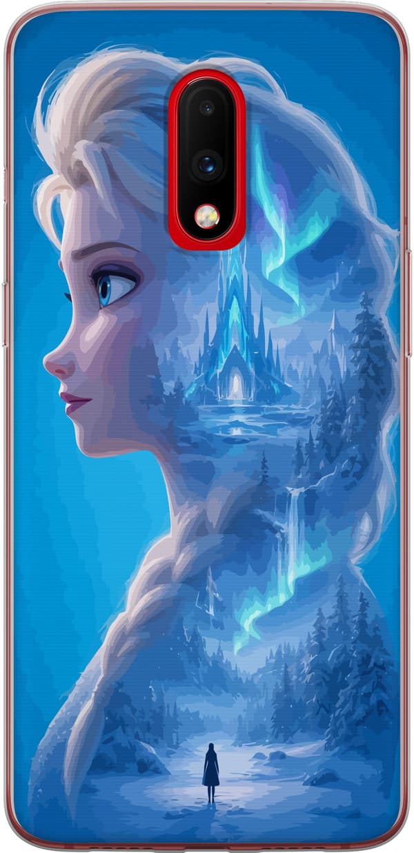 Kompatibelt Mobildeksel til OnePlus 7 Elsas profil med et blått isslott og vinterlandskap blå