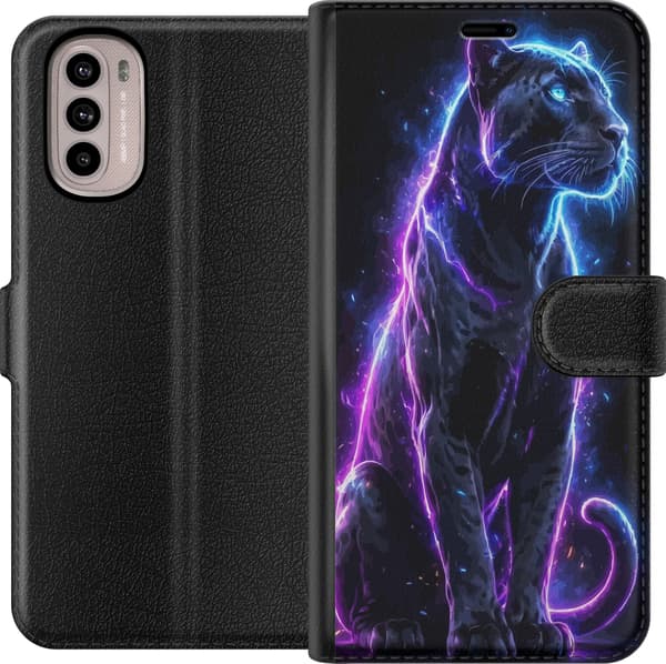 Kompatibel Tegnebogsetui til Motorola Moto G41 Sort panter med blå og lilla neonlinjer mod sort baggrund sort