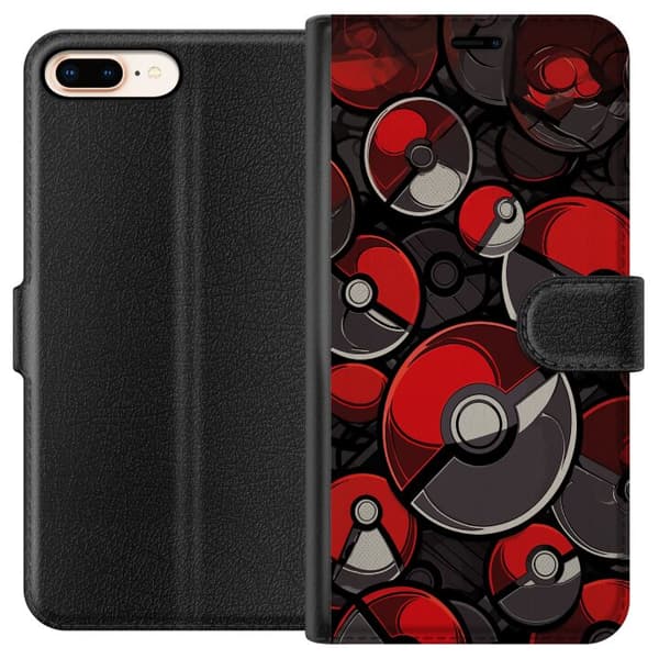 Kompatibel Tegnebogsetui til Apple iPhone 8 Plus Sømløst mønster med røde og sorte Pokébolde rød