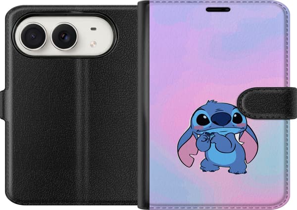Kompatibel Tegnebogsetui til Apple iPhone Duo Blå tegnet figur med store øjne og lyserød baggrund