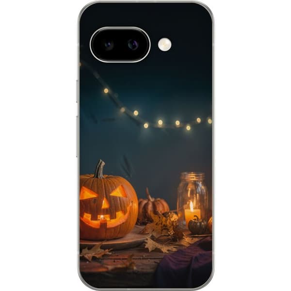 Kompatibelt Mobildeksel til Google Pixel 10a Lysende halloween-gresskar omgitt av levende lys og høstløv oransje