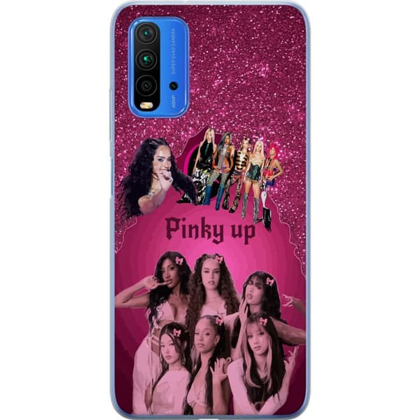 Kompatibelt Mobildeksel til Xiaomi Redmi Note 9 4G KATSEYE i rosa collage med sløyfer, glitrende bakgrunn og mørk dekorativ tekst rosa