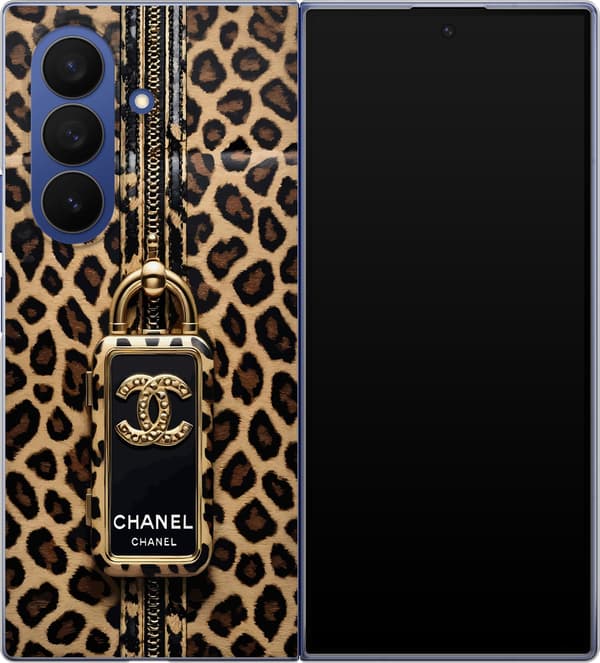 Kompatibelt Mobildeksel til Samsung Galaxy Z Fold7 Leopardmønster med gullfarget hengelås og emblem