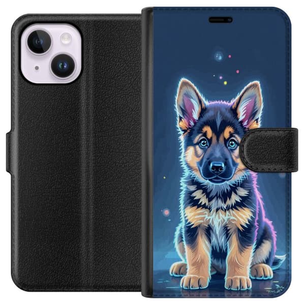Kompatibelt Lommeboketui til Apple iPhone 15 Plus Neonlyst schäfervalp med blå og lilla lys-effekter blå