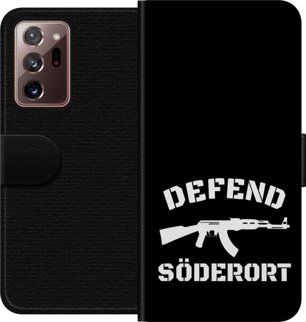 Kompatibel Tegnebogsetui til Samsung Galaxy Note20 Ultra Sort Söderort - hvidt områdeslogan og hvid våbensilhuet på sort baggrund sort