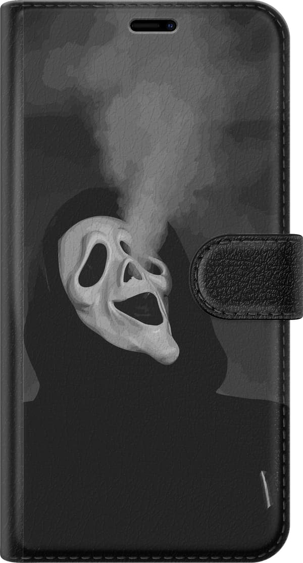 Kompatibel Tegnebogsetui til Apple iPhone 12 Pro Sort-hvidt skrækmotiv med maskeret figur og dramatisk røg sort