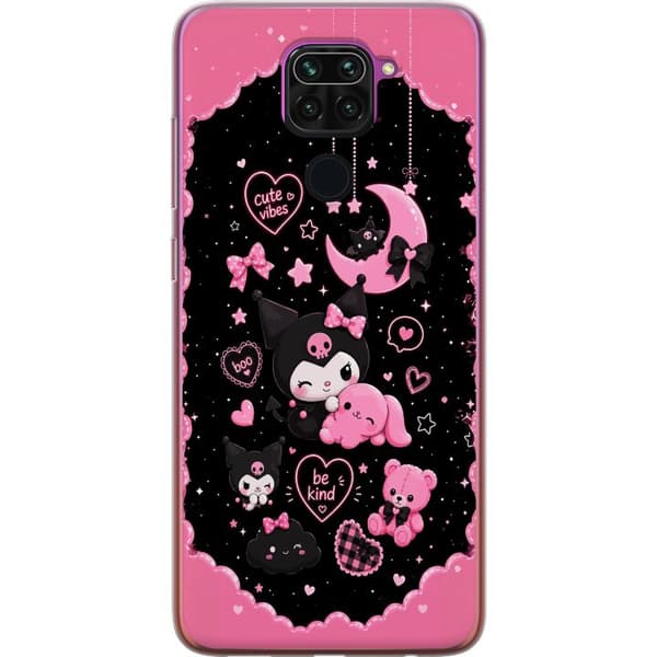 Kompatibel Mobilcover til Xiaomi Redmi Note 9 Søde lyserøde og sorte gothfigurer med hjerter, måne, stjerner og positiv tekst sort
