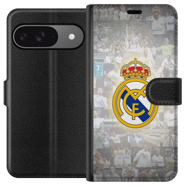 Google Pixel 9 Pro Plånboksfodral Real Madrid Emblem Fotboll Klubbmärke Vit Guld Design Champions League Mästare La Liga Fans Ikoniskt