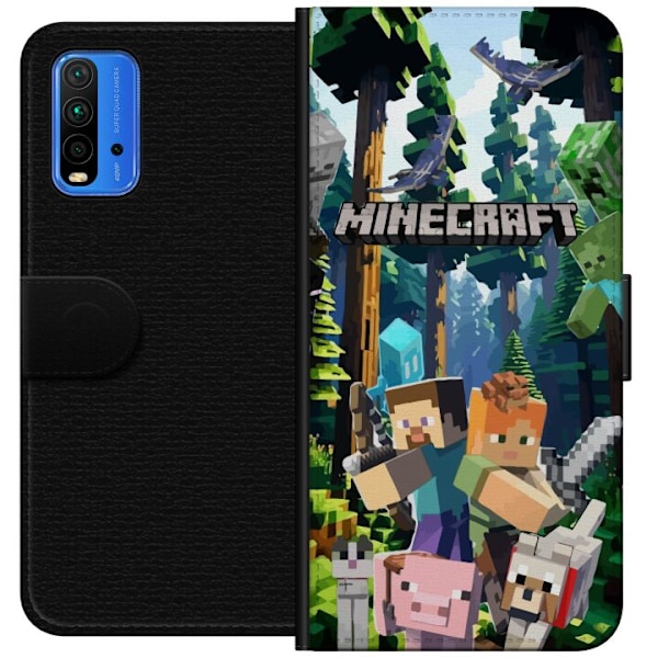 Xiaomi Redmi Note 9 4G Tegnebogsetui Minecraft mobiltelefon dækning med skov og pixel karakterer