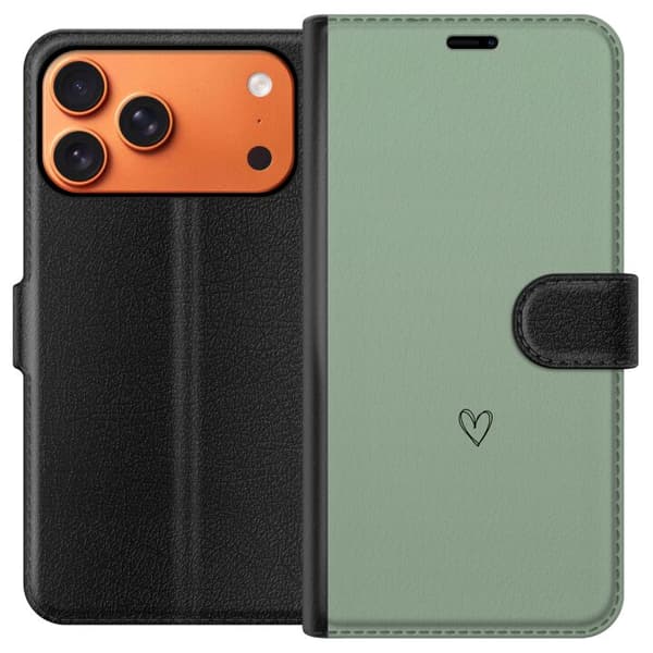 Kompatibel Tegnebogsetui til Apple iPhone 17 Pro Max Minimalistisk sort håndtegnet hjerte centreret på en rolig lysegrøn baggrund grøn