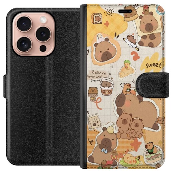 Apple iPhone 16 Pro Tegnebogsetui Kawaii capybara mobilskal med gulliga djurmotiv
