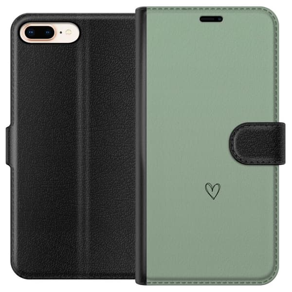 Kompatibel Tegnebogsetui til Apple iPhone 8 Plus Minimalistisk sort håndtegnet hjerte centreret på en rolig lysegrøn baggrund grøn