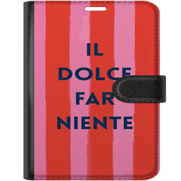 Kompatibel Tegnebogsetui til Apple iPhone Duo Teksten Il Dolce Far Niente i mørkeblåt mod håndmalede rosa og røde striber pink